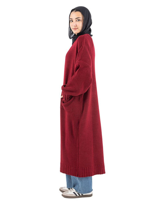 Brick Red Knitted - Long Cardigan - Khotwh
