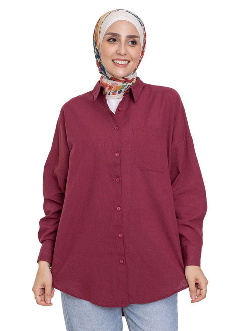 Brick Red Linen Pocket Over Size Shirt - Khotwh