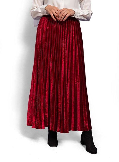 Brick Red Pleated Velvet Skirt - Khotwh