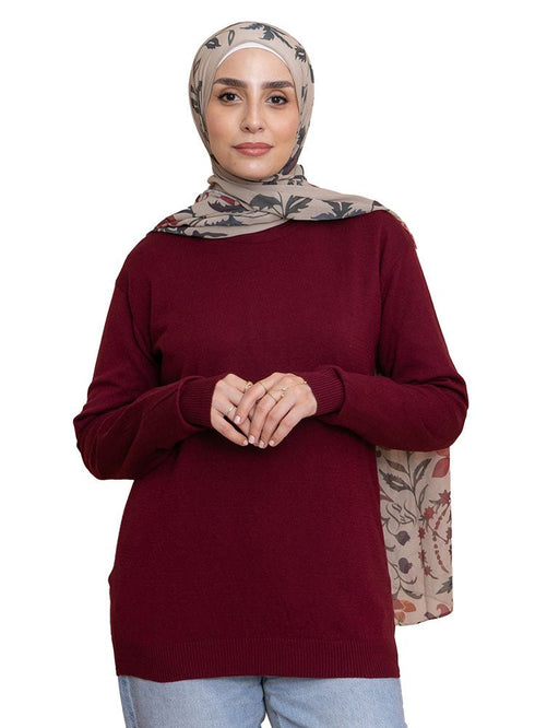 Brick Red Round Knit Pullover - Khotwh