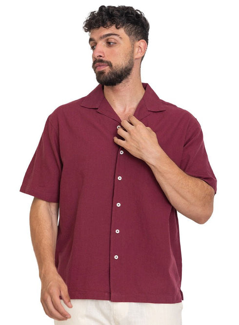 Brick Red Tennis Collar Linen Shirt - Khotwh
