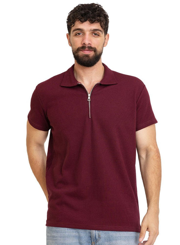 Brick Red Zipper Squares Polo Neck T-Shirt - Khotwh