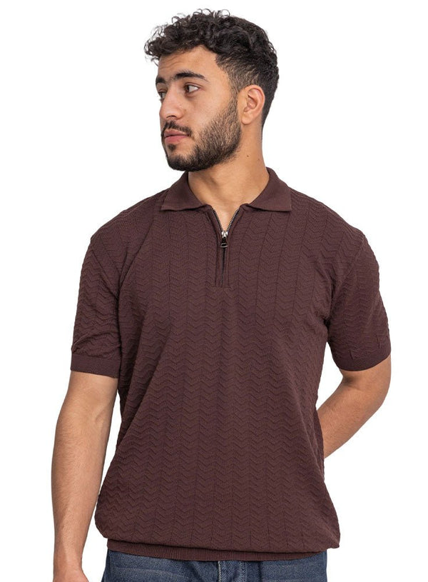 Brown Design 01014Knit Polo Neck Zipper - T-Shirt - Khotwh