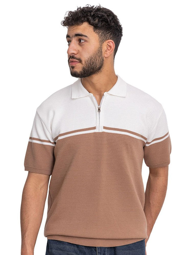 Brown Design 01049Knit Polo Neck Zipper - T-Shirt - Khotwh
