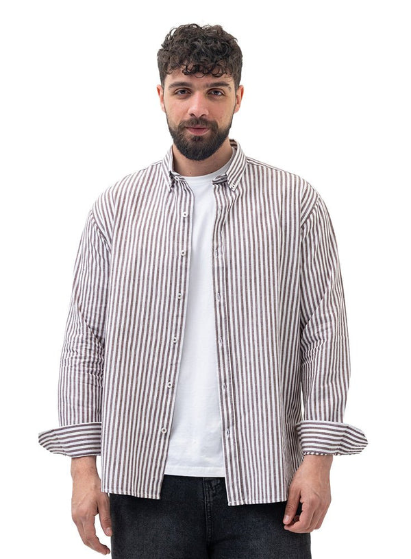 Brown - Design 2 Striped Linen Shirt - Khotwh