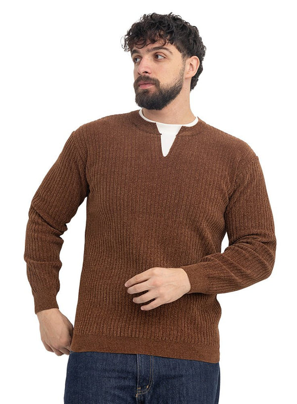 Brown Double-Layerd Round Pullover - Khotwh