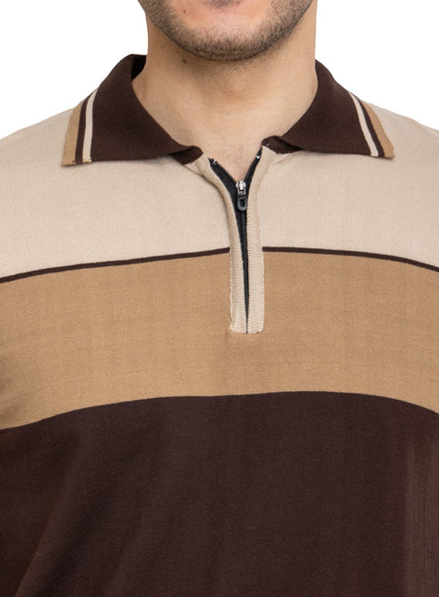 Brown F - Zipper Polo Knit T-Shirt - Khotwh