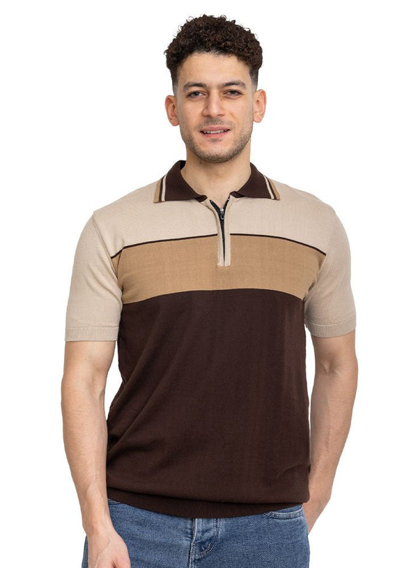 Brown F - Zipper Polo Knit T-Shirt - Khotwh