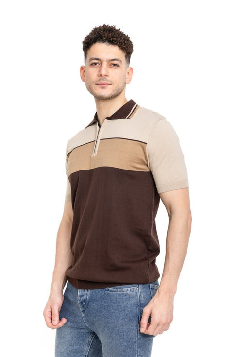 Brown F - Zipper Polo Knit T-Shirt - Khotwh