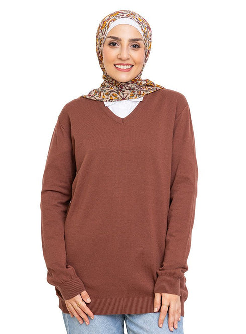 Brown V - Neck Knit Pullover - Khotwh