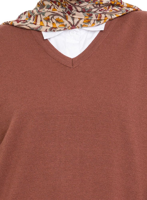 Brown V - Neck Knit Pullover - Khotwh