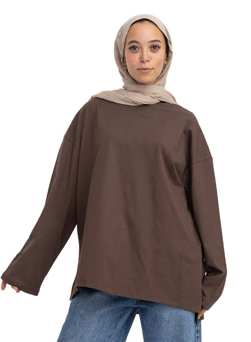 Brown V-Over Size Long-Sleeve - Khotwh