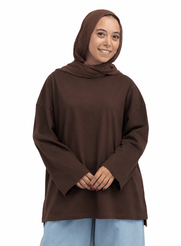 Brown V-Over Size Long-Sleeve - Khotwh