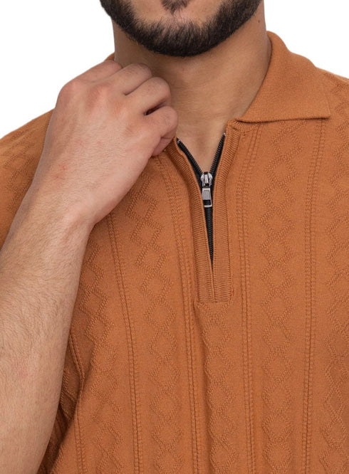 Camel Design 01054Knit Polo Neck Zipper - T-Shirt - Khotwh