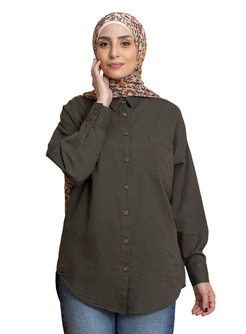 Cilantro Pocket Over Size Linen Shirt - Khotwh