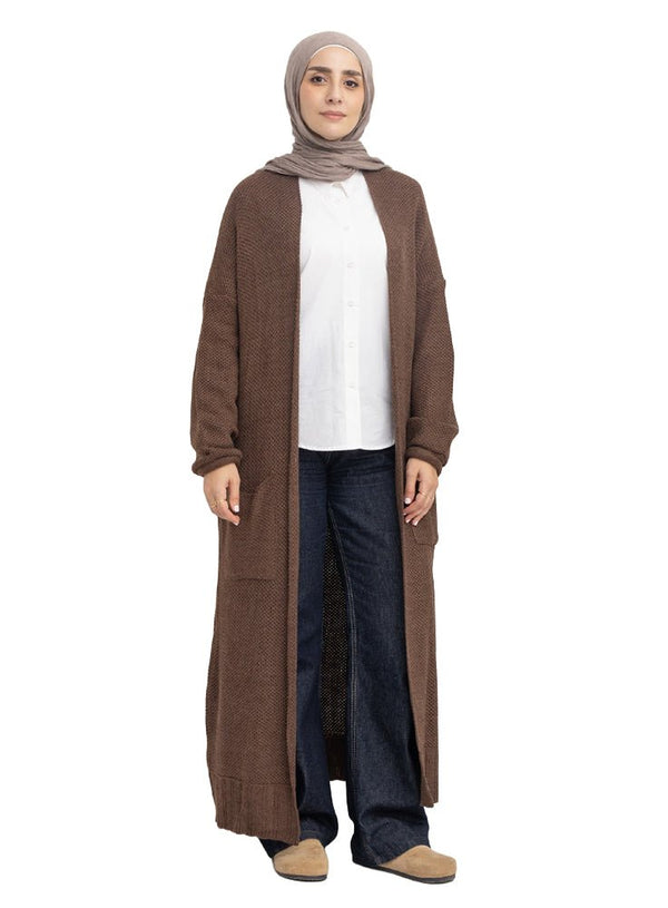 Coffee Cell-knitted-Long Cardigan - Khotwh