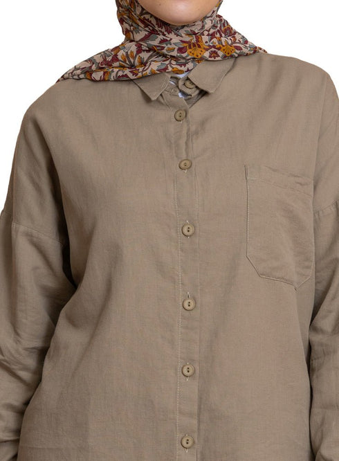 Coffee Pocket Over Size Linen Shirt - Khotwh