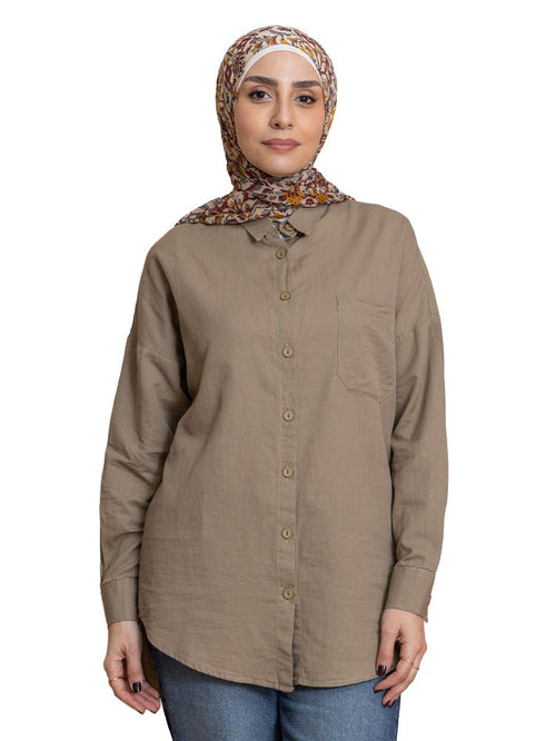 Coffee Pocket Over Size Linen Shirt - Khotwh