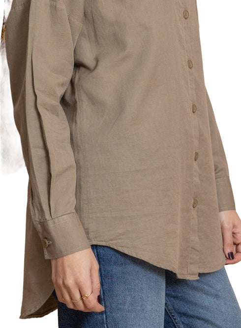 Coffee Pocket Over Size Linen Shirt - Khotwh