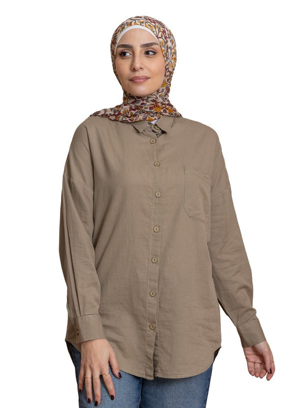 Coffee Pocket Over Size Linen Shirt - Khotwh
