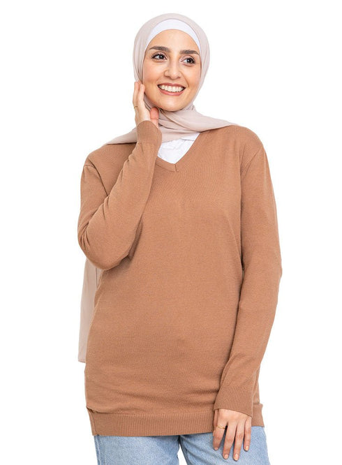 Coffee V - Neck Knit Pullover - Khotwh