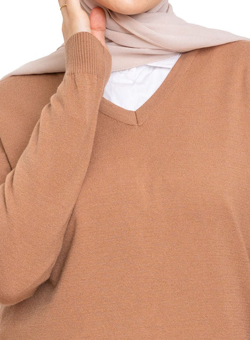 Coffee V - Neck Knit Pullover - Khotwh