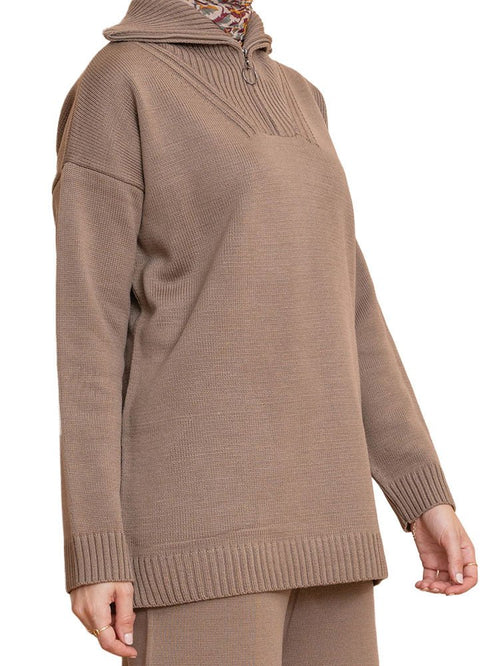 Coffee Zipper knitted Suit - Khotwh