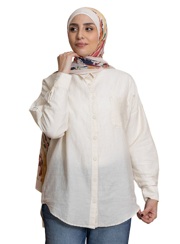 Creamy Pocket Over Size Linen Shirt - Khotwh