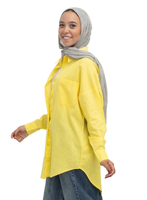 Cyber Yellow Pocket Over Size Linen Shirt - Khotwh