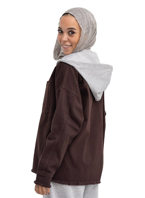 Dark Brown Hoodie Gabardine Jacket - Khotwh