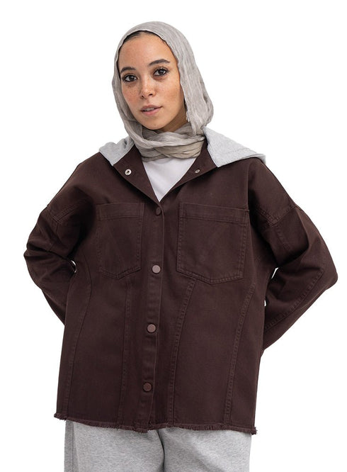 Dark Brown Hoodie Gabardine Jacket - Khotwh