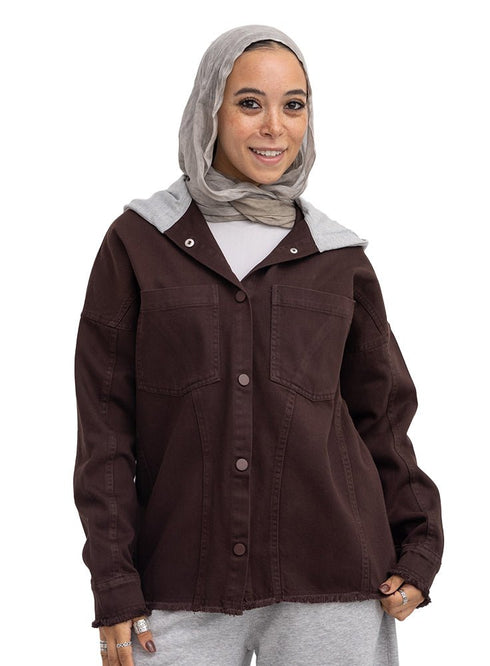 Dark Brown Hoodie Gabardine Jacket - Khotwh