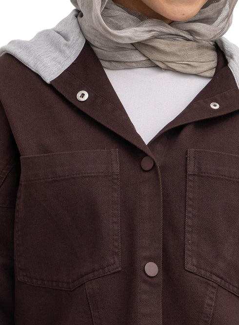 Dark Brown Hoodie Gabardine Jacket - Khotwh