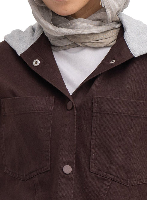 Dark Brown Hoodie Gabardine Jacket - Khotwh