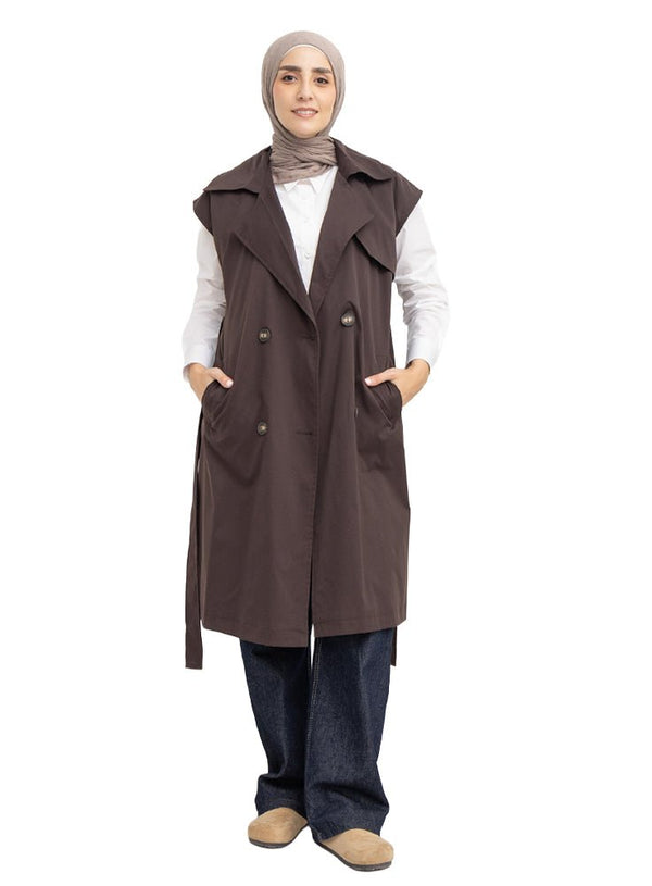 Dark Brown RD-Sleeveless Trench Coat - Khotwh