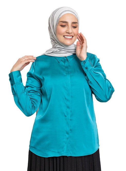 Dark Emerald Satin Collar Blouse - Khotwh