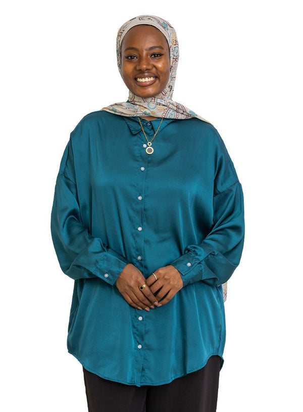 Dark Emerald Satin Over Size Shirt - Khotwh