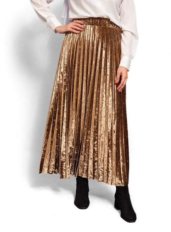 Dark - Mocha Pleated Velvet Skirt - Khotwh