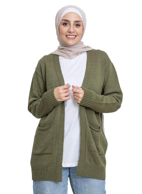 Dark Olive E - Basic Pocket Cardigan - Khotwh