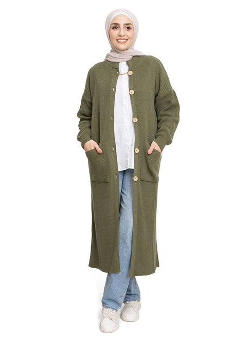 Dark Olive Long buttons Cardigan - Khotwh