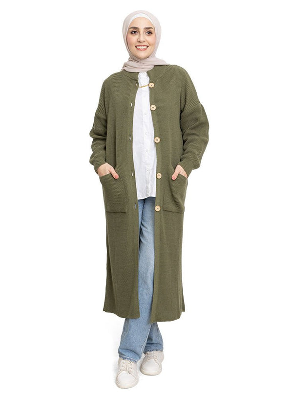 Dark Olive Long buttons Cardigan - Khotwh