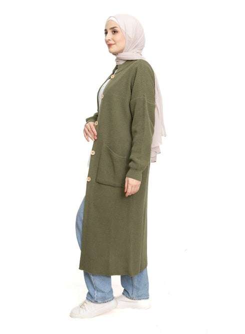 Dark Olive Long buttons Cardigan - Khotwh