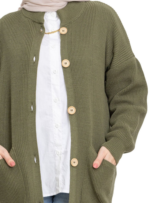 Dark Olive Long buttons Cardigan - Khotwh