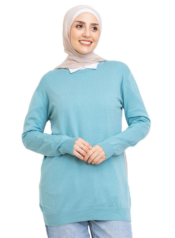 Deep Aqua Round Knit Pullover - Khotwh