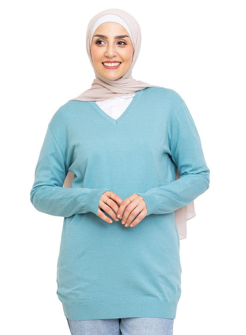Deep Aqua V - Neck Knit Pullover - Khotwh