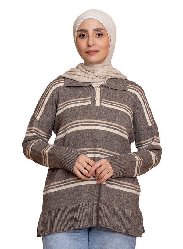 Design 1 Striped Knitted Polo Pullover - Khotwh