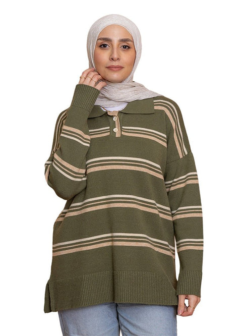 Design 2 Striped Knitted Polo Pullover - Khotwh