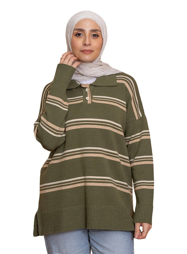 Design 2 Striped Knitted Polo Pullover - Khotwh