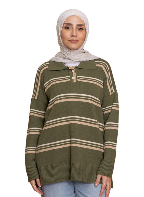 Design 2 Striped Knitted Polo Pullover - Khotwh