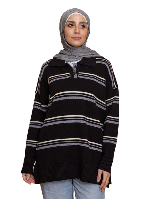 Design 3 Striped Knitted Polo Pullover - Khotwh